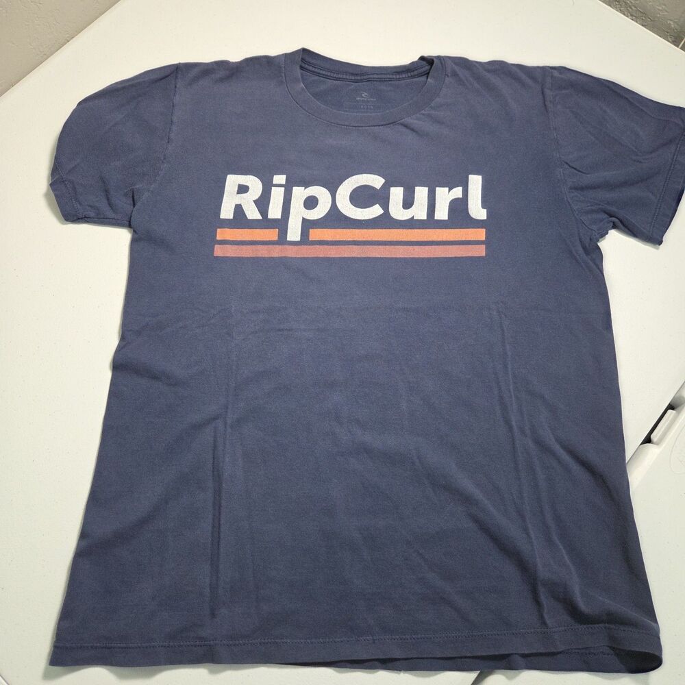 Rip Curl T-Shirt Boys Large L Blue Retro Stripe Logo Graphic Surf Skate Tee